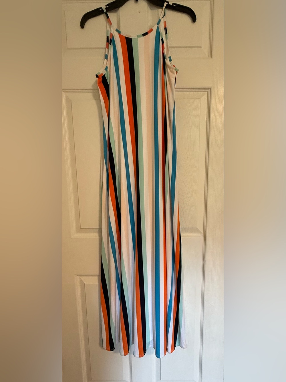 Striped Sleeveless Maxi Dress in White, Blue & Orange